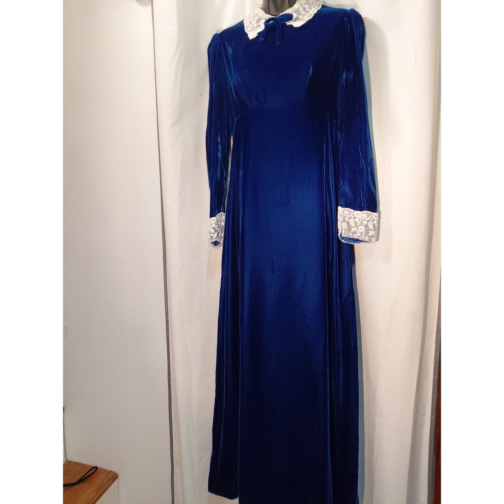 Vintage 60 Lorrie Deb Blue velvet Lace Trim Collar & Sleeves maxi‎ dress Sz 7/8